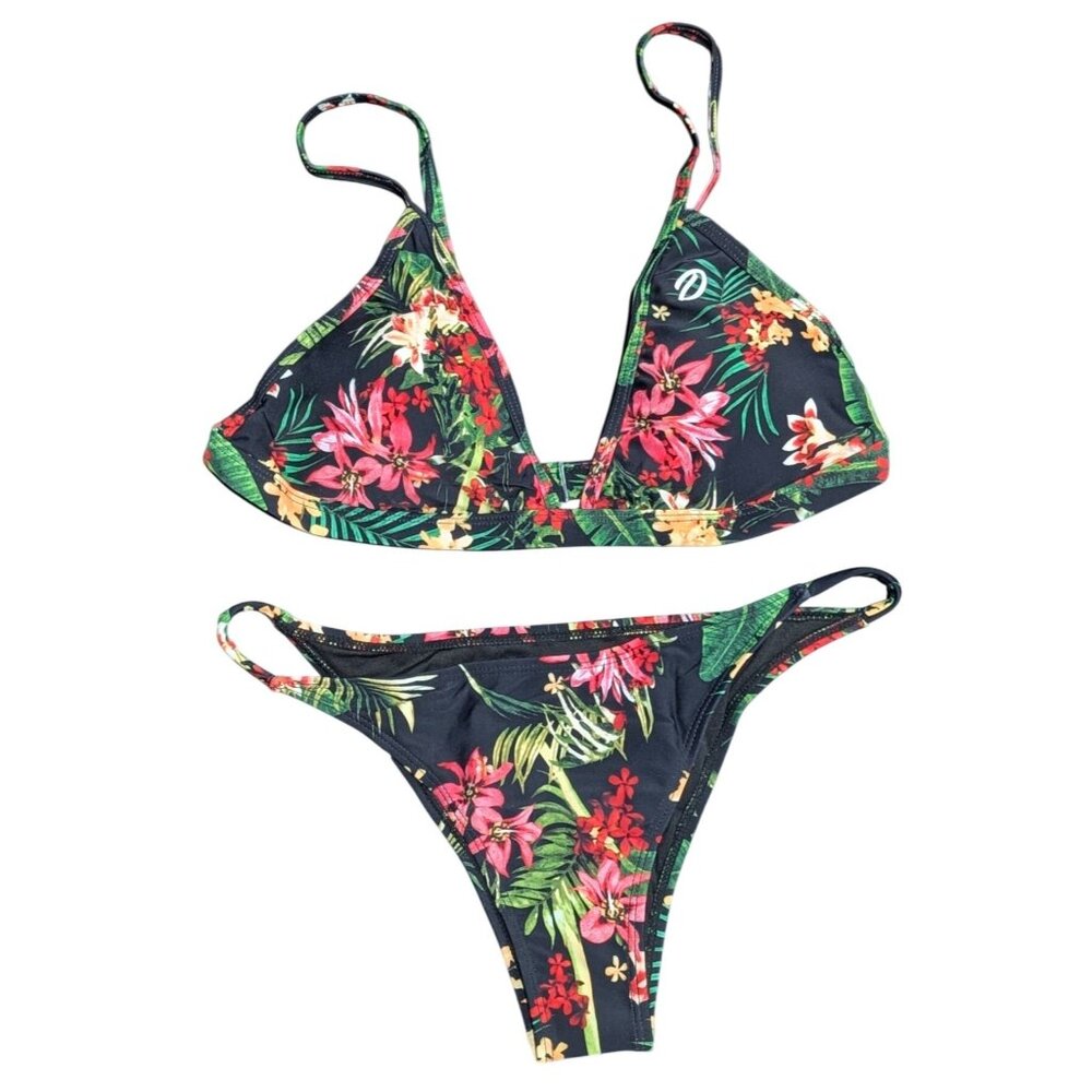 Dixxon Gili Tanning Swimsuit Black Floral Brazilian String Bikini Womens XL‎ Set